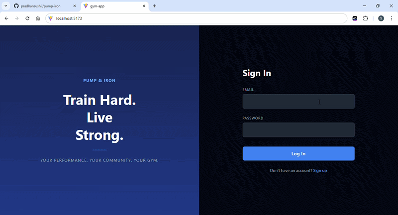 Demo gif of the Pump & Iron gym management app