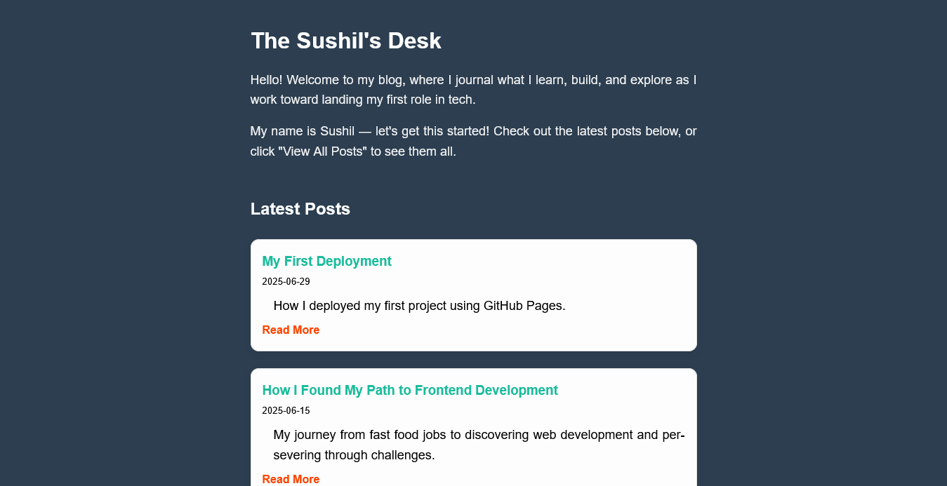 Screenshot of The Sushil's Desk blog homepage
